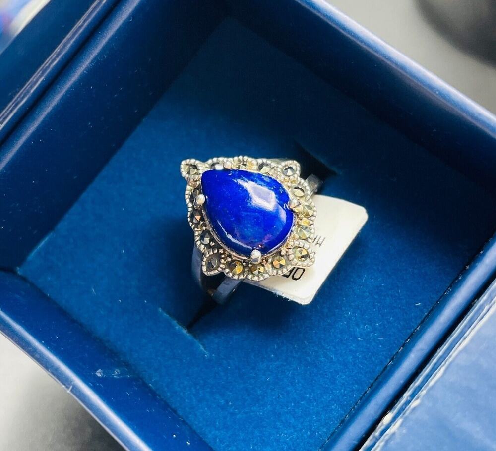 New 925 Sterling Silver Lapis Lazuli Ring Pear Shaped Blue Stone Round Marcasite